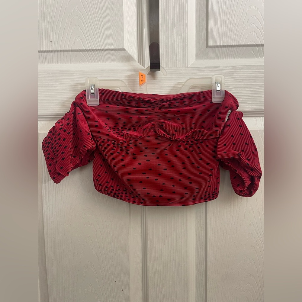 Express Red Off-Shoulder Puff Sleeve Crop Top Black Heart Dots Valentine’s Day